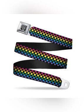 Buckle-Down Rainbow Checkered Seatbelt Adjustable Belt XL 32-52”
